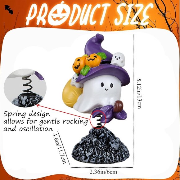 Bobbing Ghost on Broomstick with Witch Hat Swing Ghost Statue Ornament Decor - Picture 3 of 6